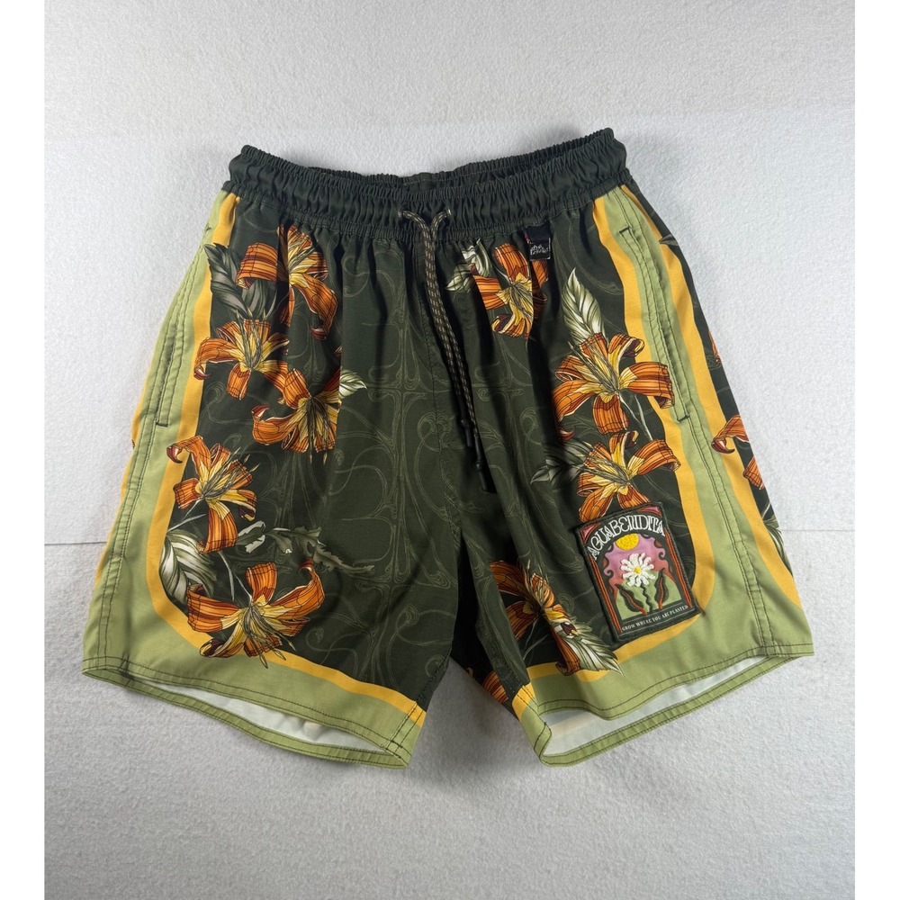 Agua Bendita Joe Vitreo Floral Swim Trunks Green Orange Lily Mens Size 30